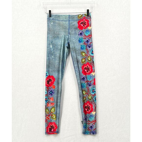 TEREZ Floral Embroidery Denim Print Leggings Womens XS Pull On Low Rise Ankle - Picture 3 of 14